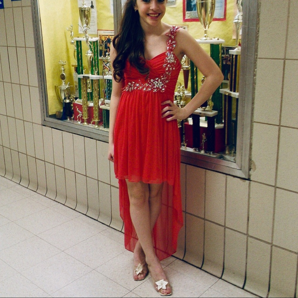 High-low pink/salmon/orange prom dress 1 shoulder